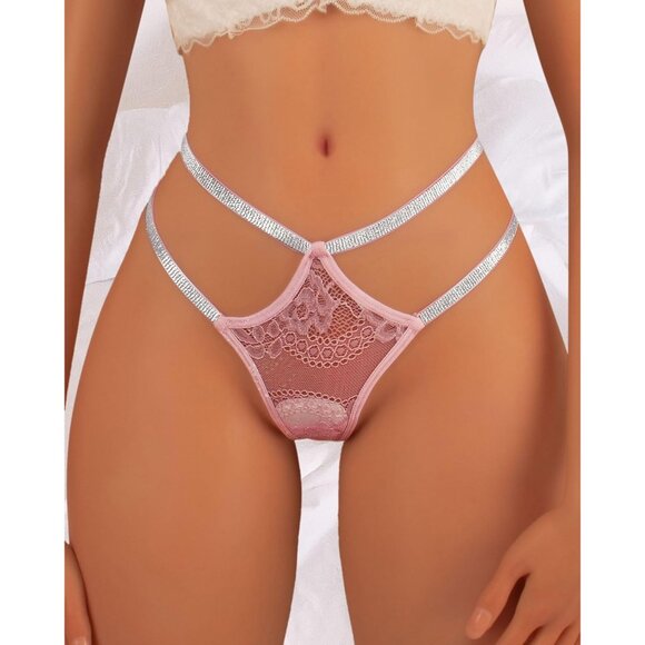 🆕 Women’s Pink Polyamide Glitter Strappy Lace Sexy Breathable Underwear Panties - Picture 2 of 6